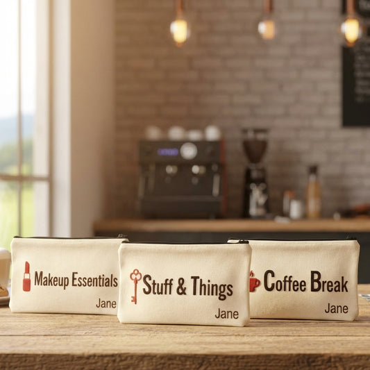 Main view of Personalised Makeup Bag with Puff Print featuring Custom Name Cosmetic Pouch Bridesmaid Proposal Gift Teacher Pencil Case Canvas Zipper Pouch