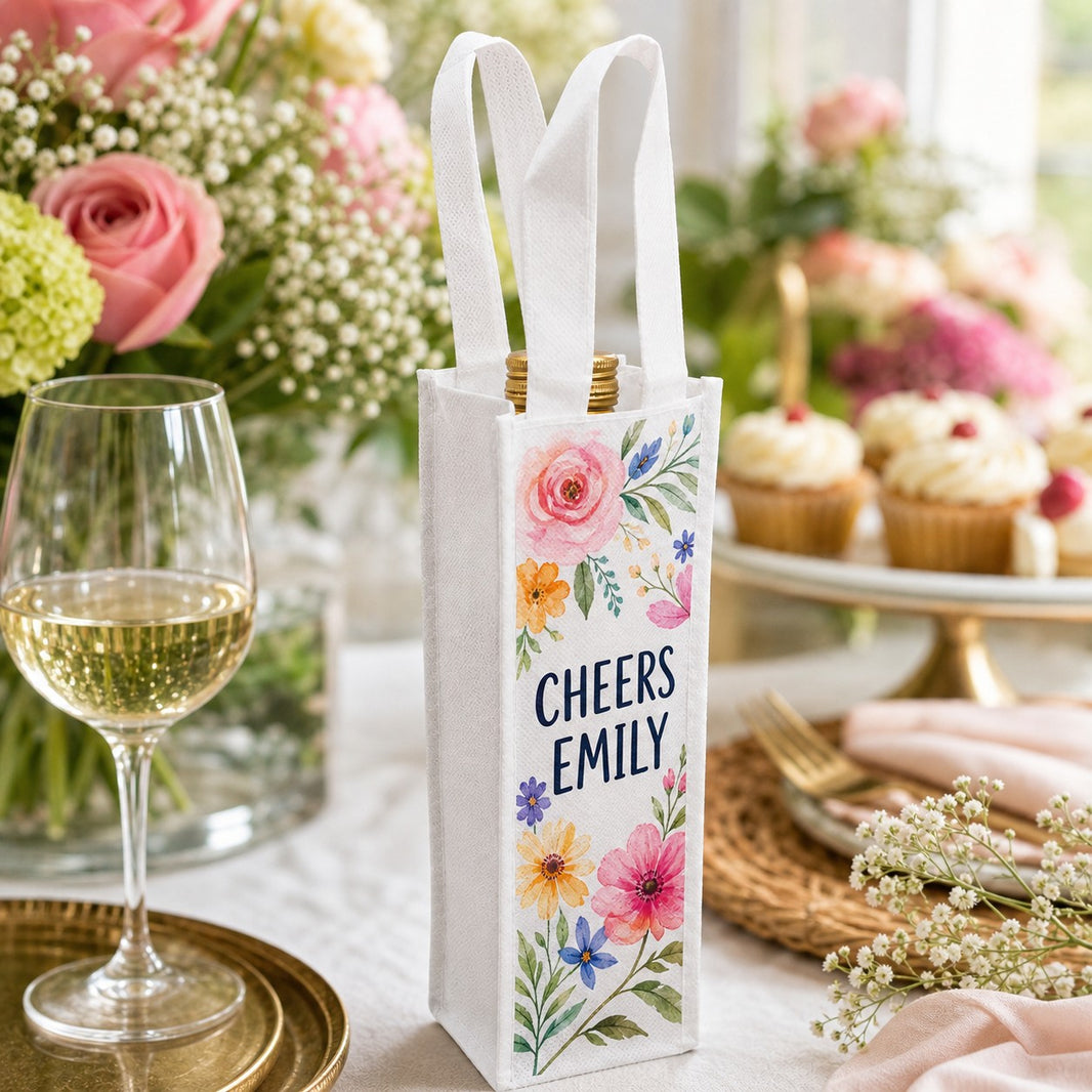 Personalised mini wine bottle gift bag printed Cheers Emily with colourful florals on a celebration table