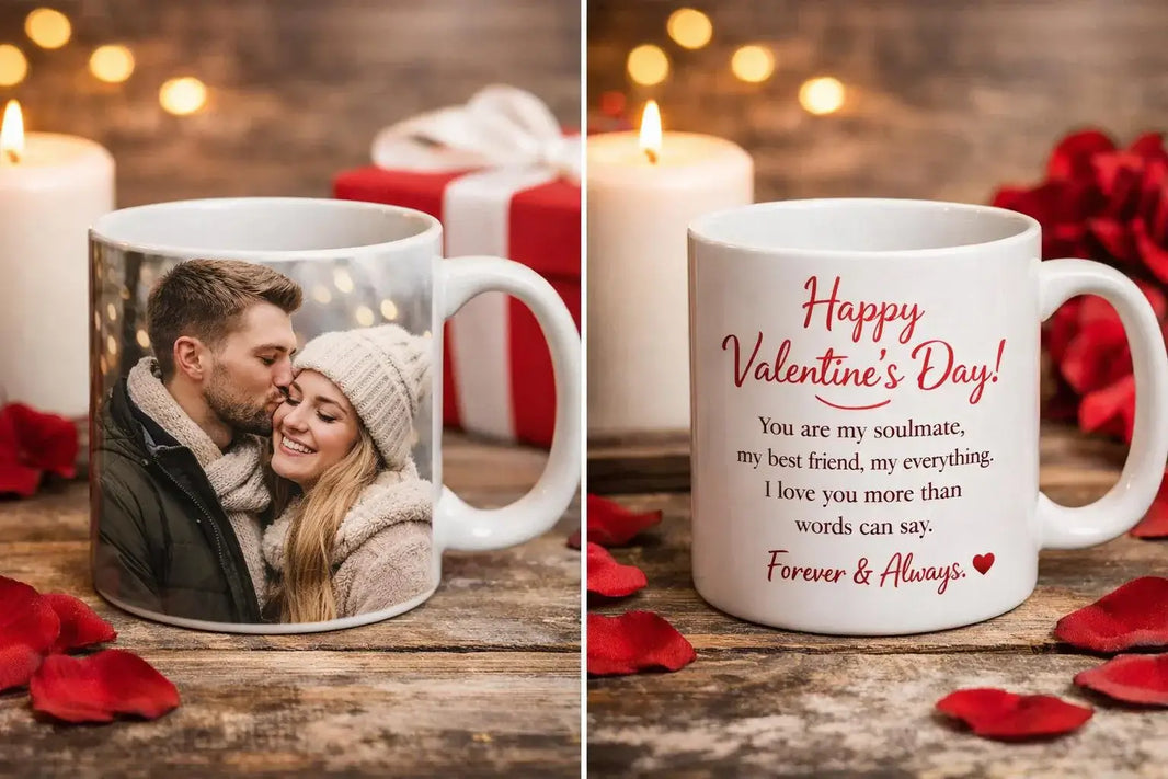 Matching couple mugs personalised, custom photo coffee cups gift for couples anniversary