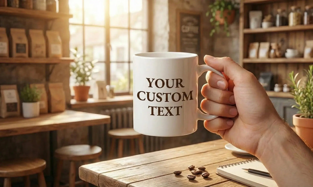 Custom photo mug transformation, before and after personalised coffee cup printing example