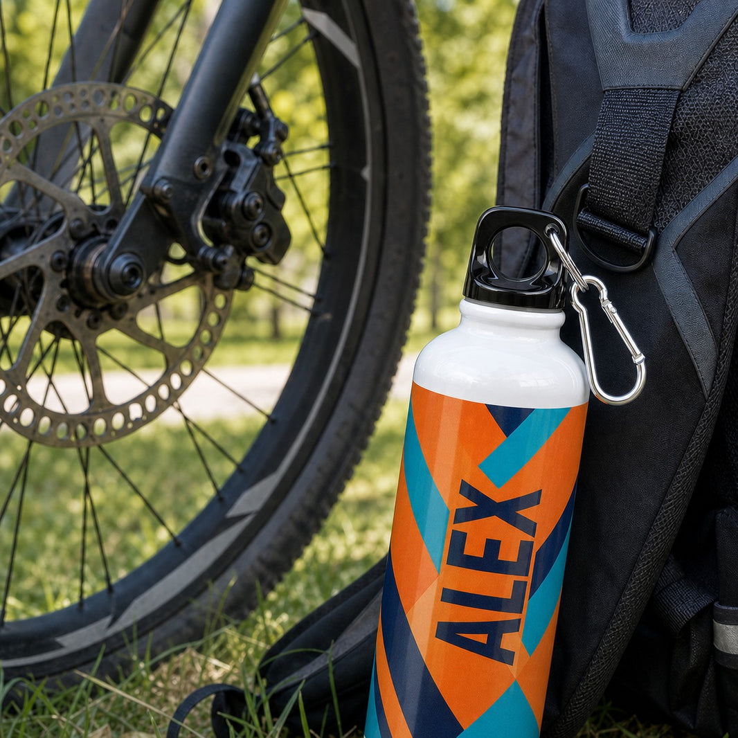 Bottle with name Alex — sporty geometric design next to a mountain bike