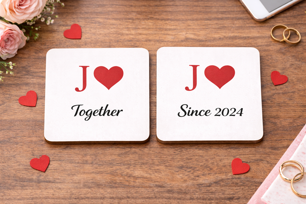 valentines-wood-coaster.jpg Personalised wooden coaster set for couples featuring J heart J and Together Since 2024 text