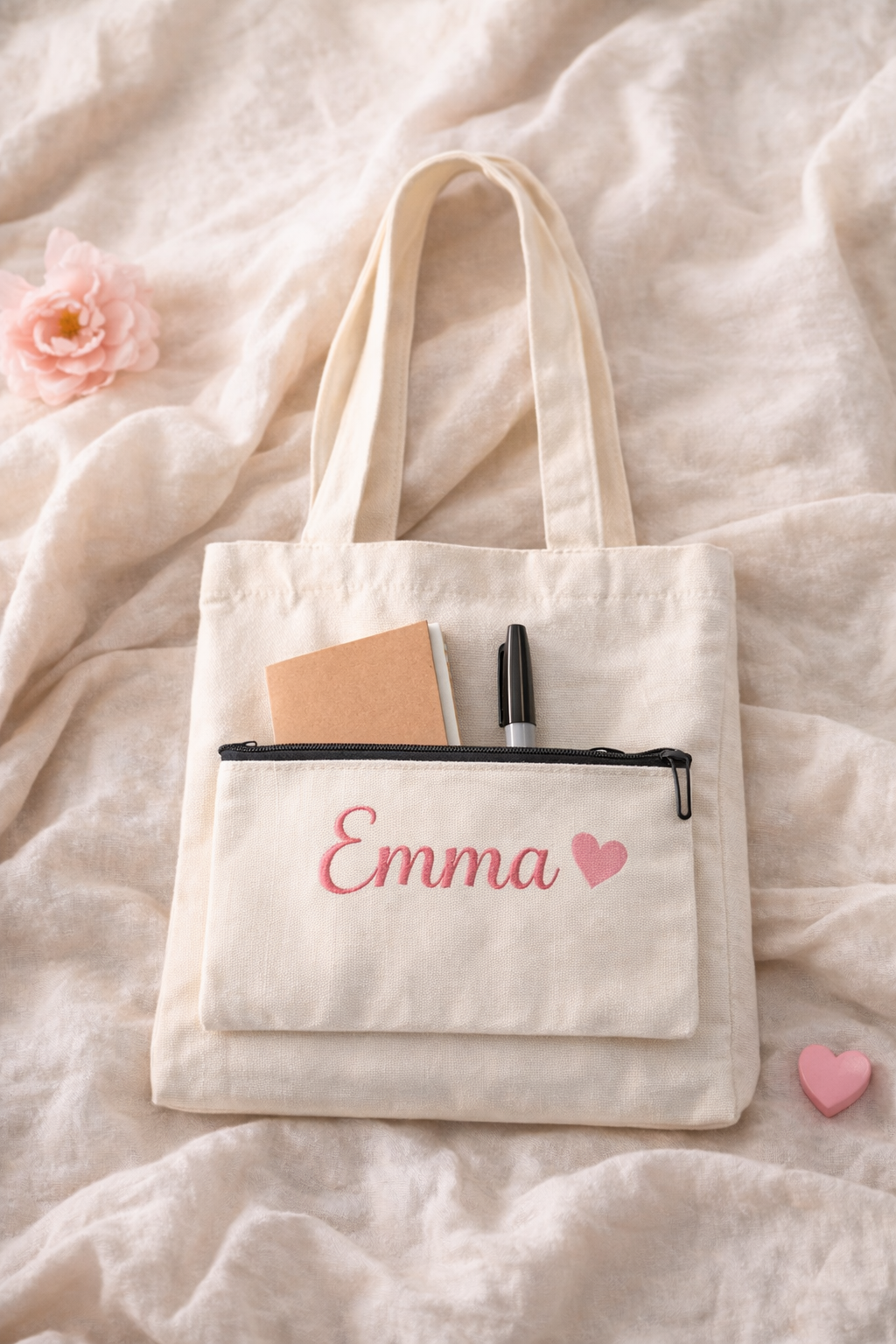Beige tote bag with 'Emma' and a heart on a soft fabric background