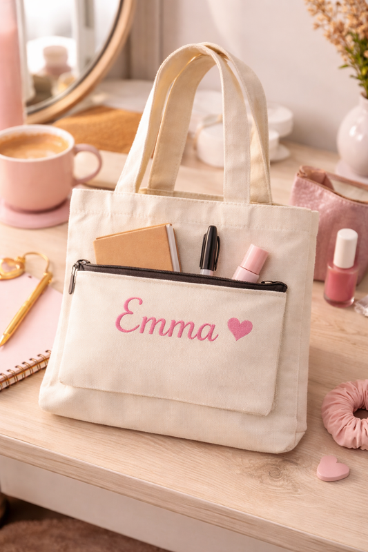 White tote bag with 'Emma' and a heart embroidered on it, placed on a desk with stationery items.