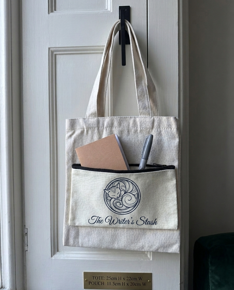 Tote bag with 'The Writer's Stash' logo on a door