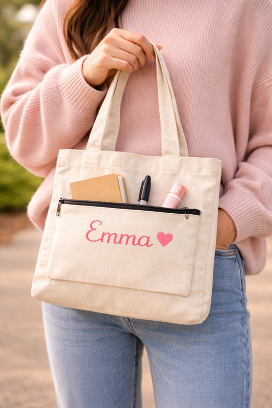 Person holding a beige tote bag with 'Emma' and a heart embroidered on it, wearing a pink sweater and blue jeans.