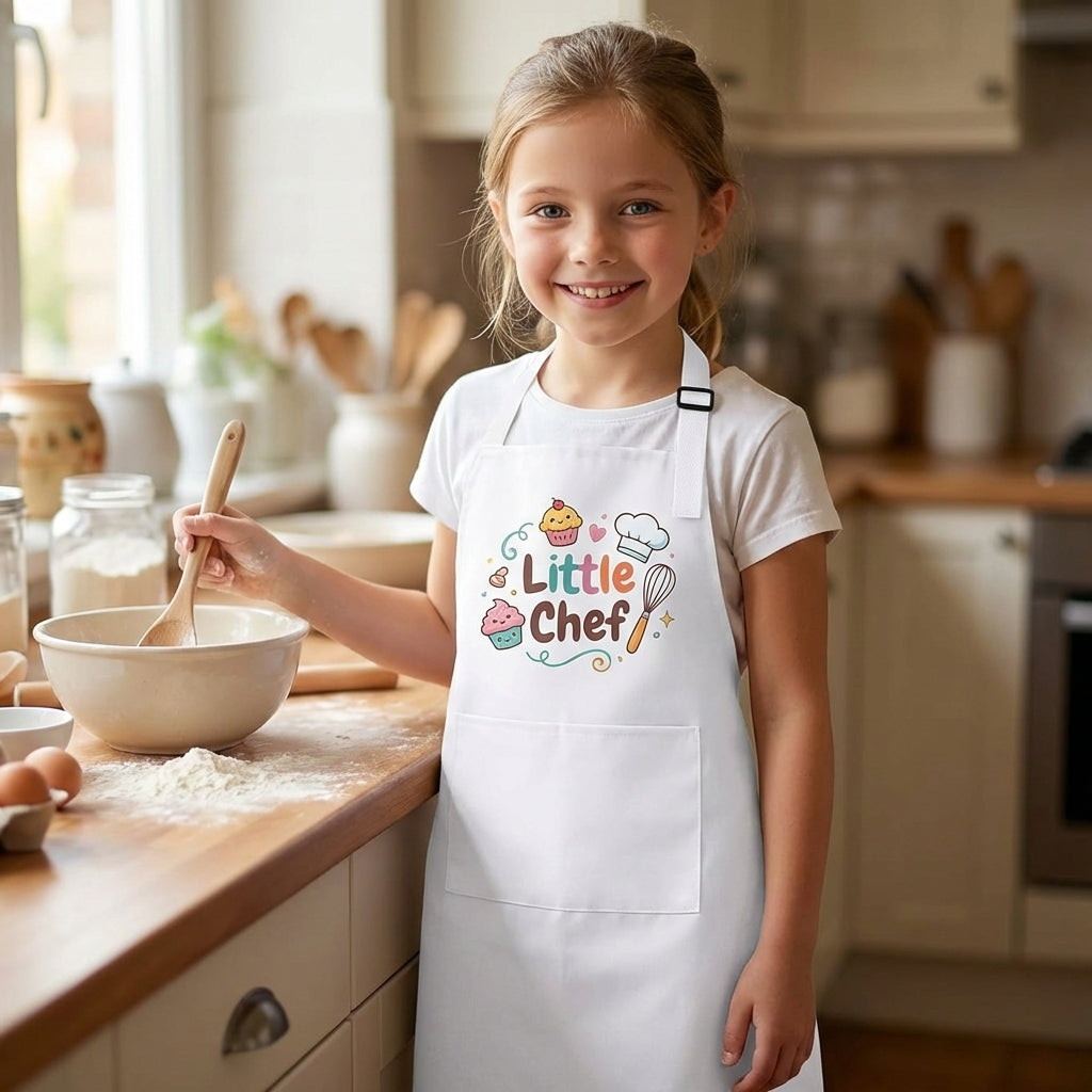 Child wearing personalised apron helping with Christmas baking