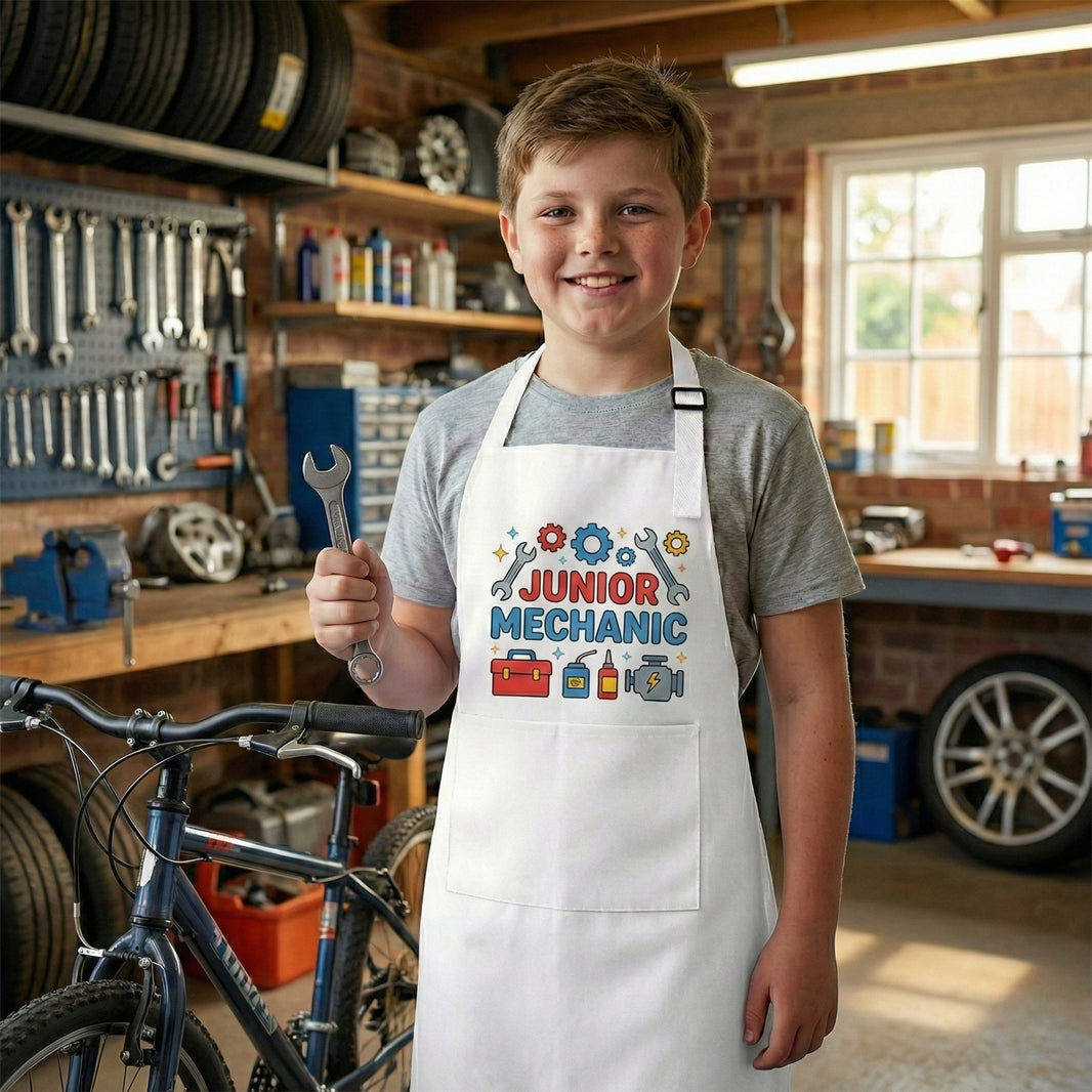 Young baker wearing custom printed white apron by Laren Craft