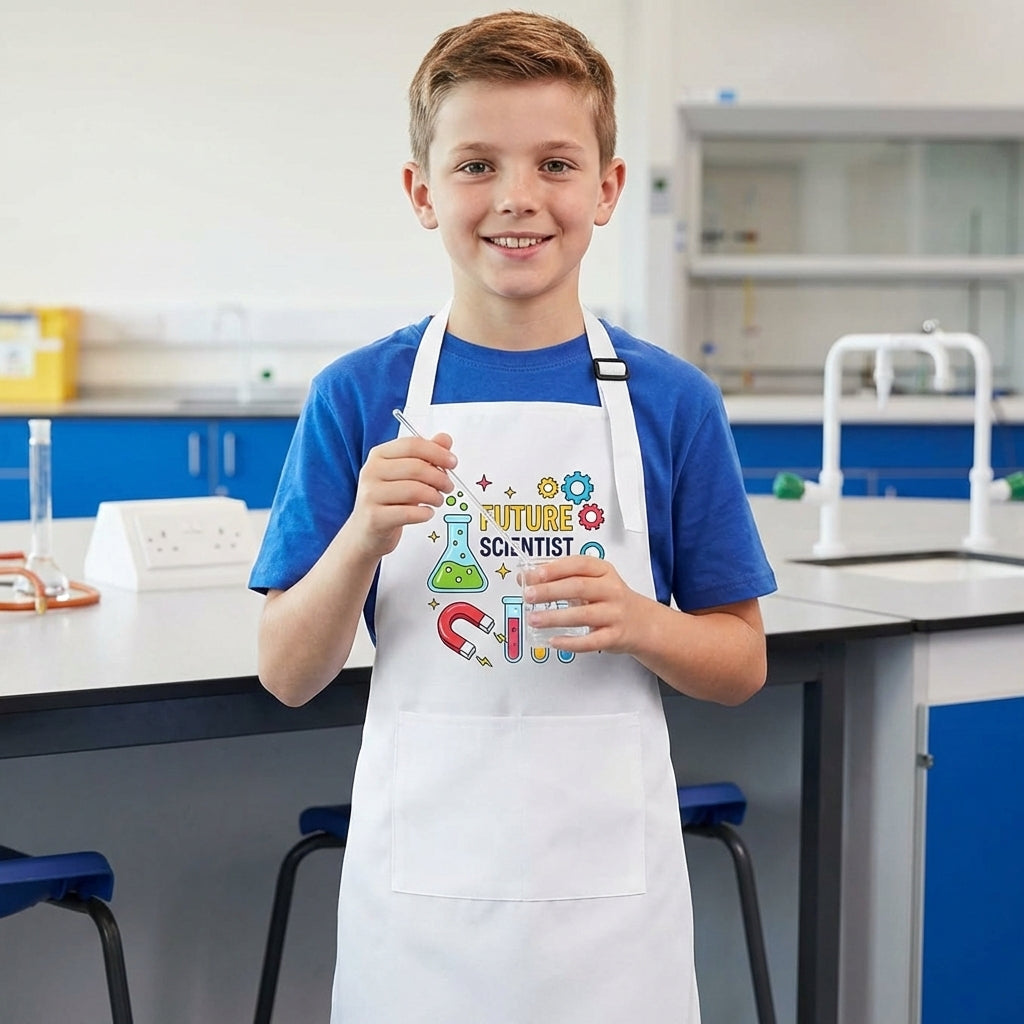 Size comparison of adjustable apron fitting ages three to thirteen