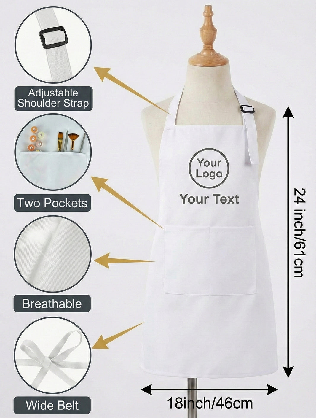 Close-up of front pocket detail on adjustable kids white apron