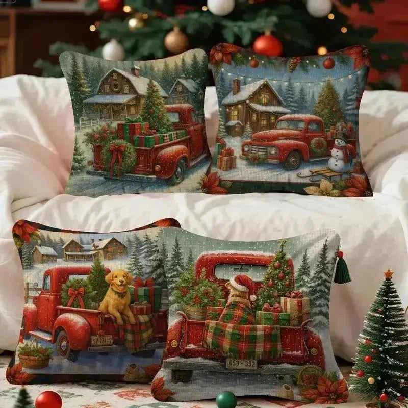 Red Truck & Golden Retriever Christmas Cushion Covers Set of 4 | 14x14 Farmhouse Decor