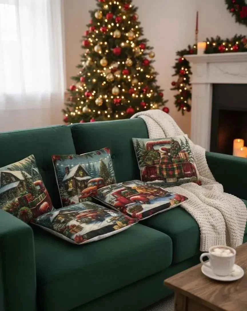 Red Truck & Golden Retriever Christmas Cushion Covers Set of 4 | 14x14 Farmhouse Decor
