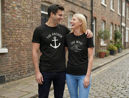 The Anchor & The Wave Matching Couple T-Shirts | Nautical Cotton Set