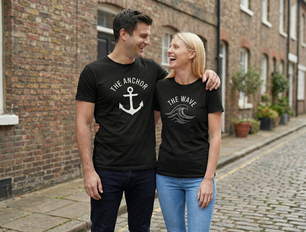 The Anchor & The Wave Matching Couple T-Shirts | Nautical Cotton Set - Laren Craft