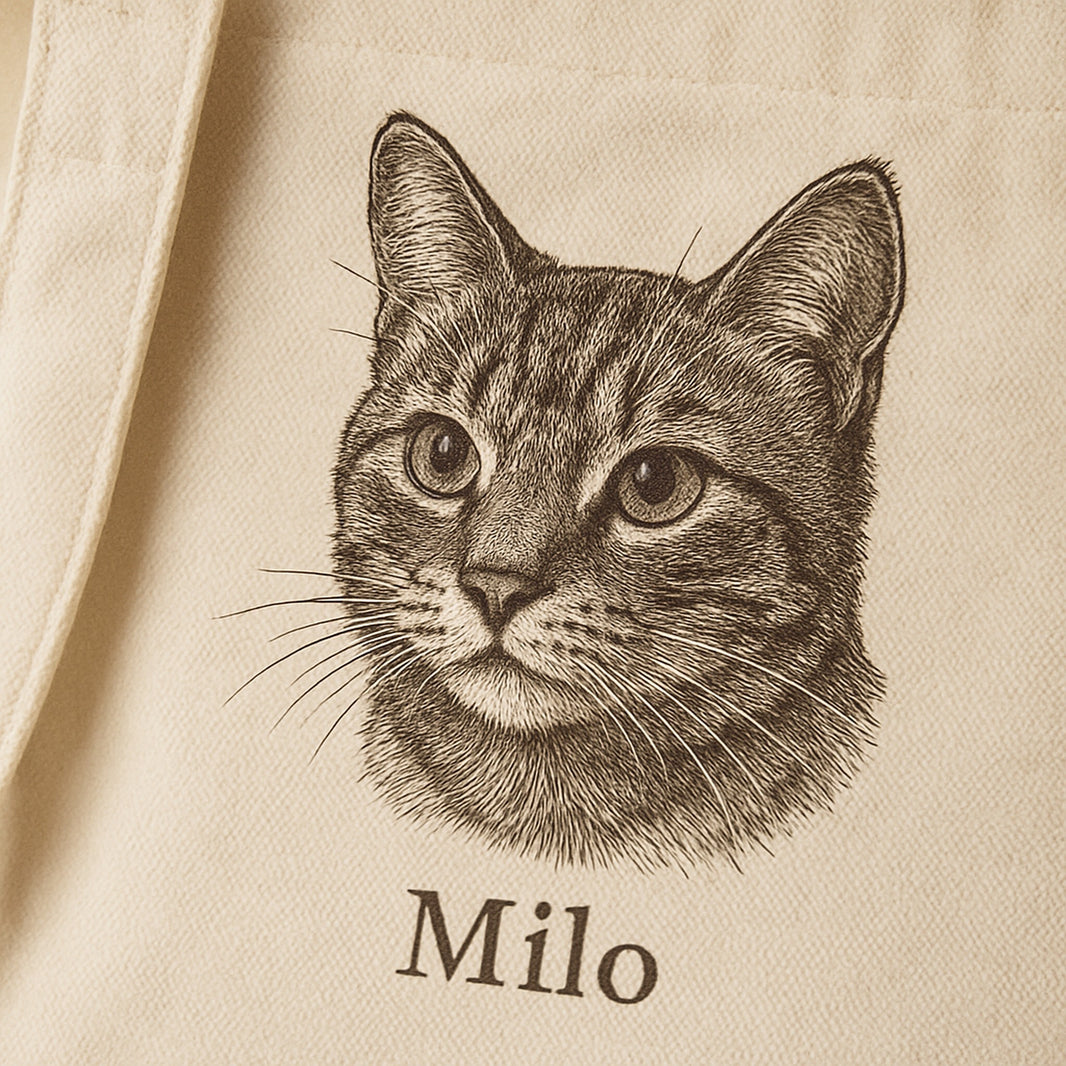 Close up of custom cat portrait print and cotton canvas texture on a personalised tote bag