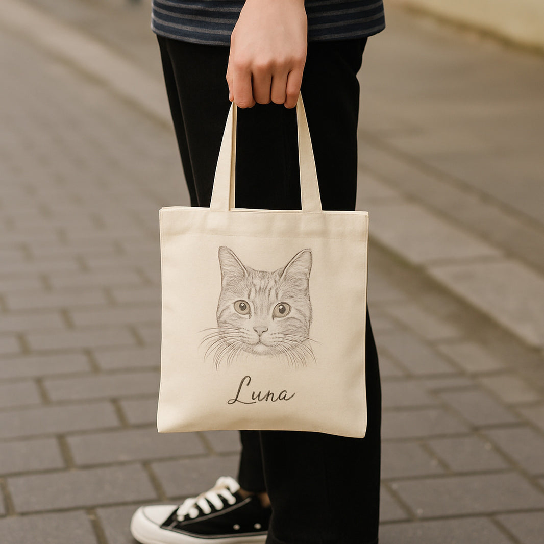 Small 20x25cm personalised tote bag with cat portrait and the name Luna carried by hand