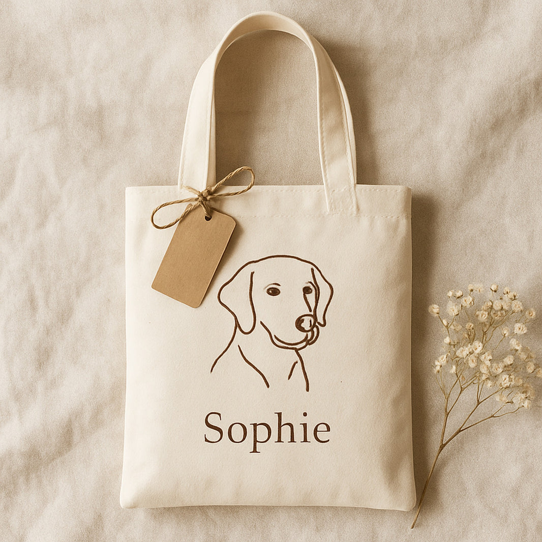 Personalised pet tote bag gift with kraft gift tag and dried flowers on linen