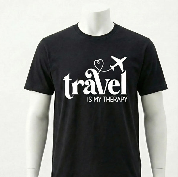 Black Travel Is My Therapy T-Shirt on a mannequin with plane and heart print