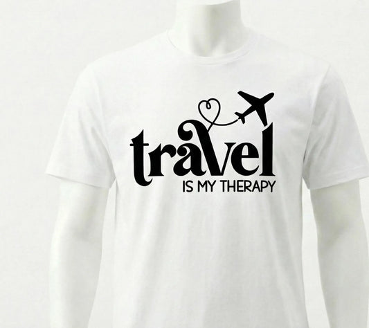 White t-shirt with 'Travel is my Therapy' text design on a white background