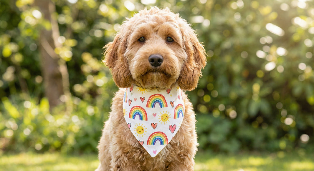 Dog wearing a rainbow bandana in a garden setting