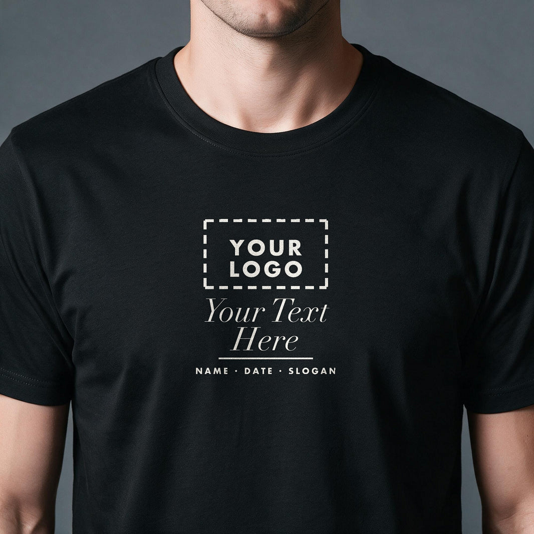 Close-up of the chest print area on a black t-shirt where your own logo and text are printed