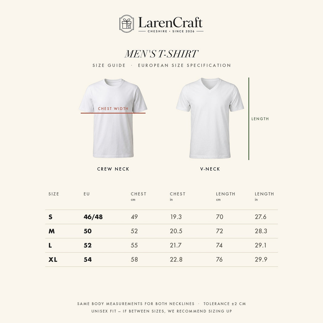 Size guide with chest and length measurements in centimetres and inches for sizes S to XL