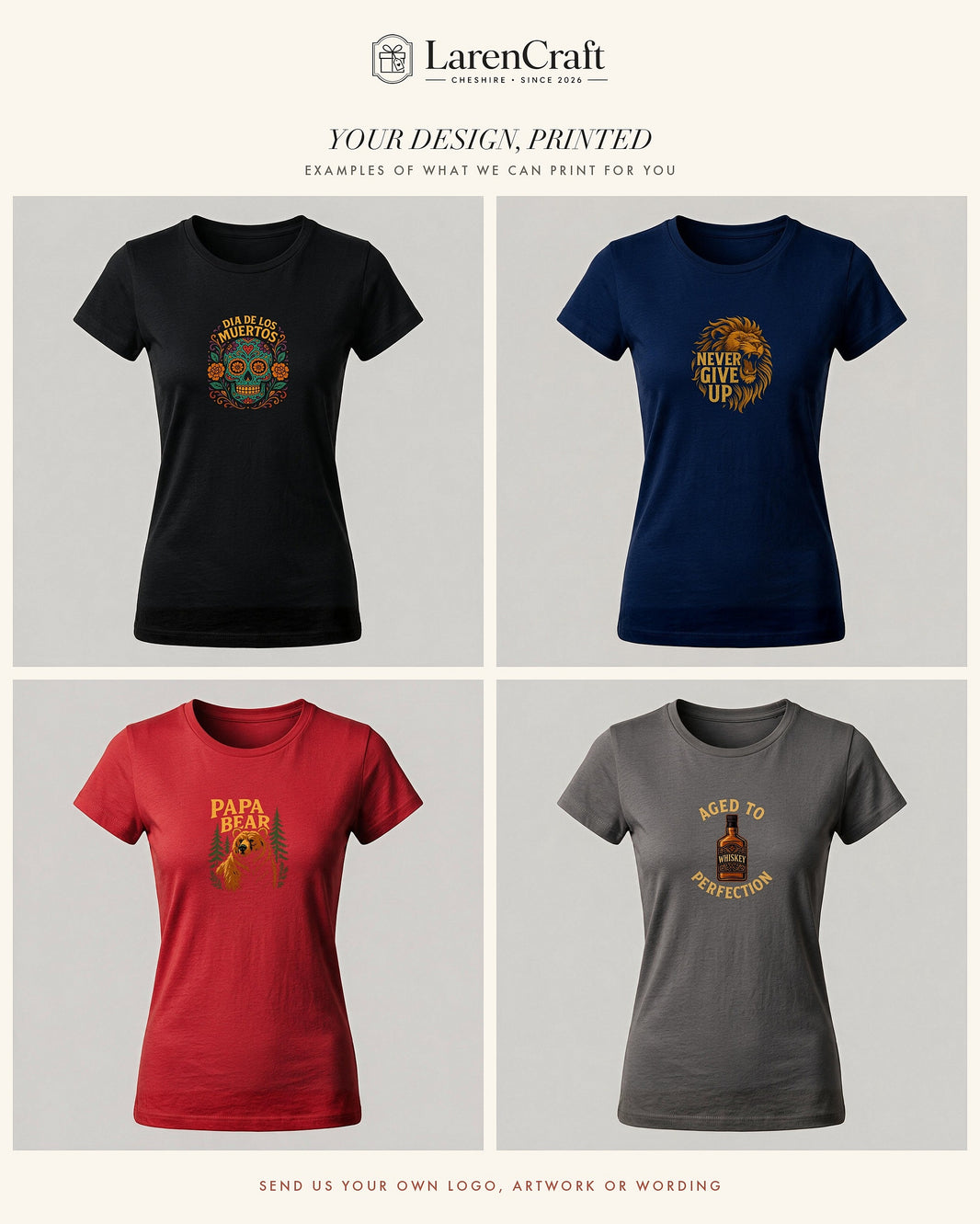 Four example personalised ladies t-shirts showing the kind of artwork we can print for you