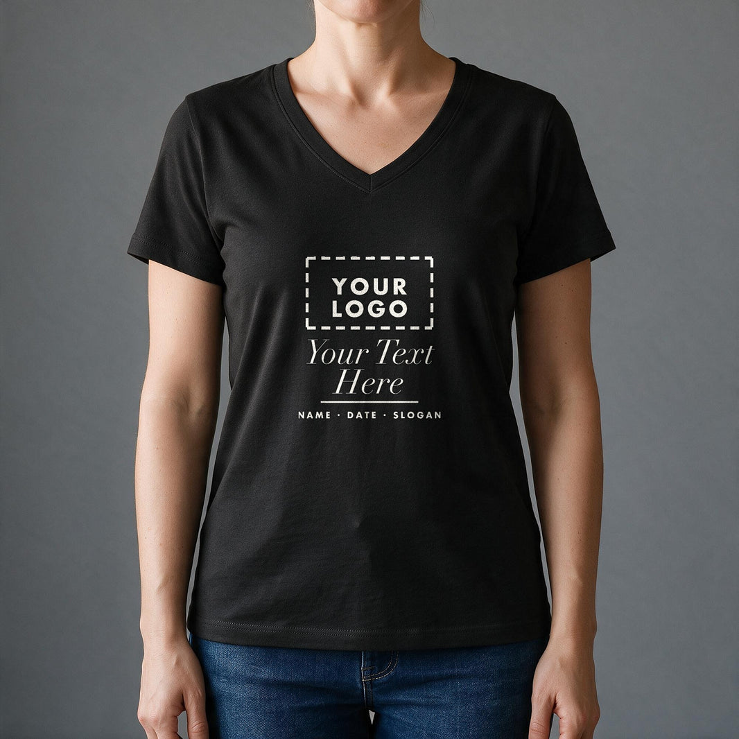 Black ladies V-neck personalised t-shirt worn, showing the second neckline option available