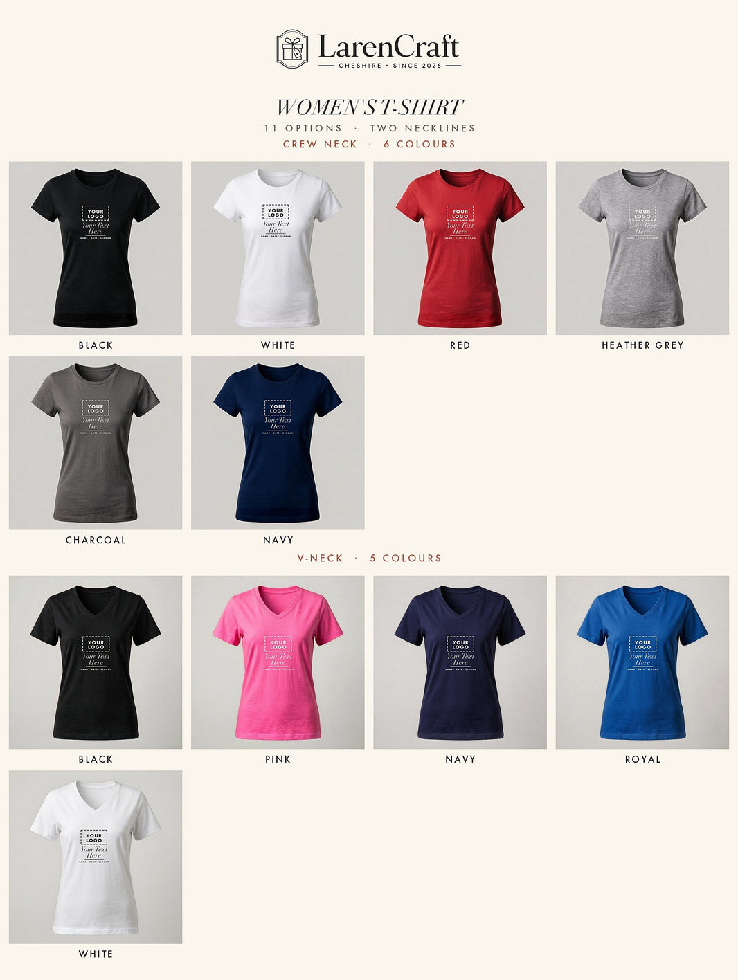 All crew neck and V-neck colour options for the personalised ladies t-shirt