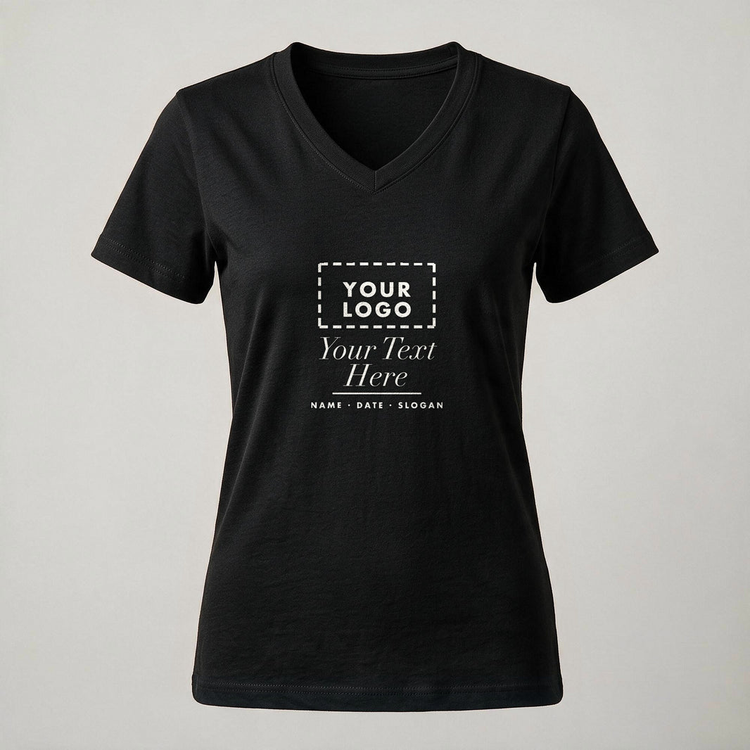 Black ladies V-neck personalised t-shirt laid flat showing the same chest print area