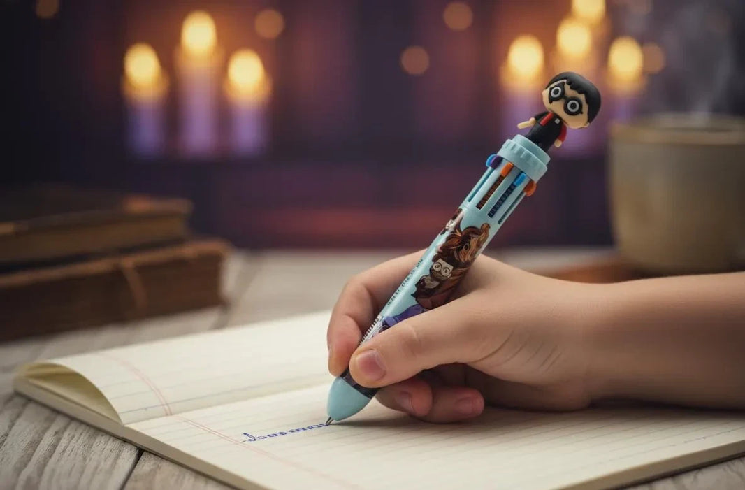 Wizard Theme Gel Pen Set 10 Color with Magic Wand Mini Keychains in use