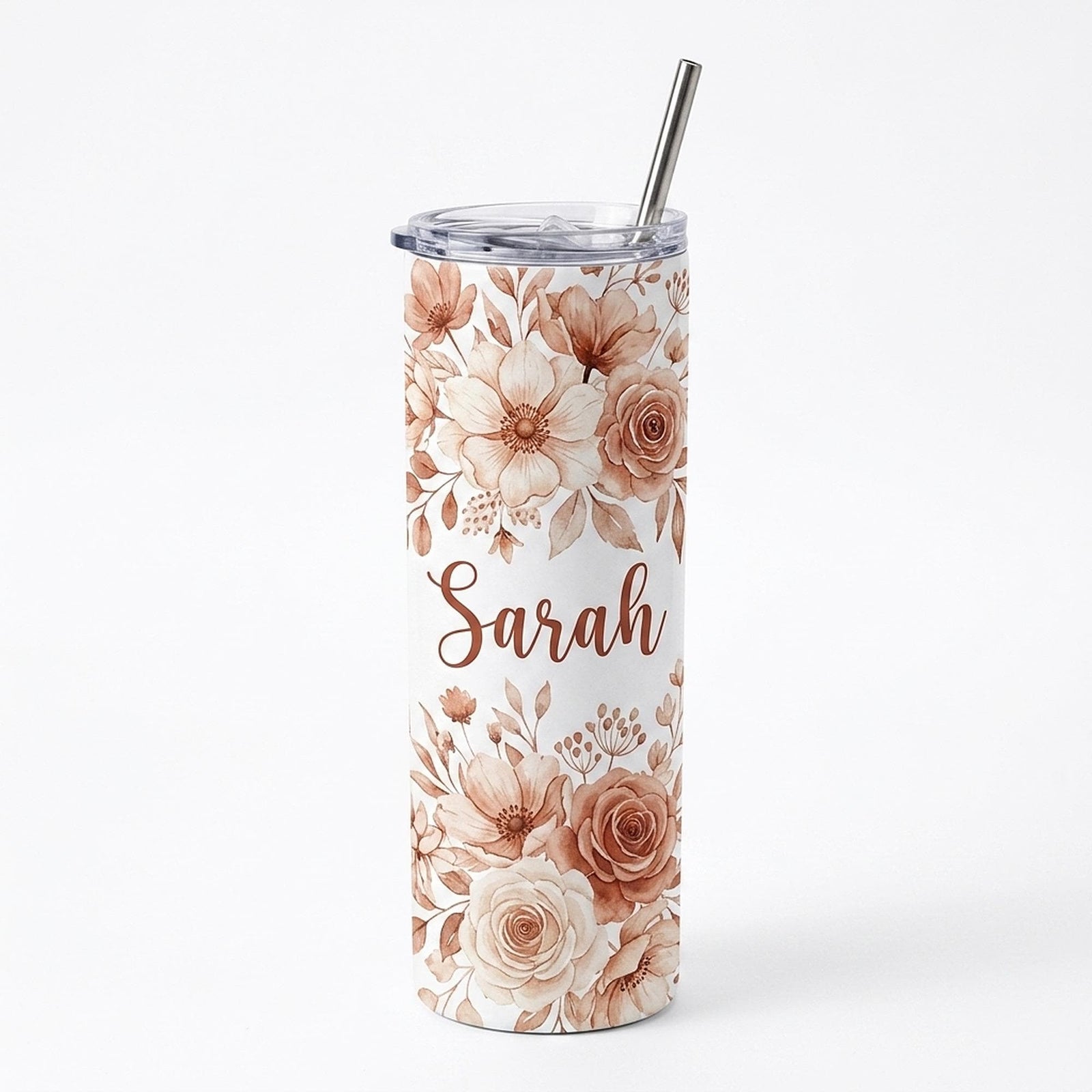 Personalised 20oz skinny tumbler with a custom name in a floral design — a birthday gift made to order