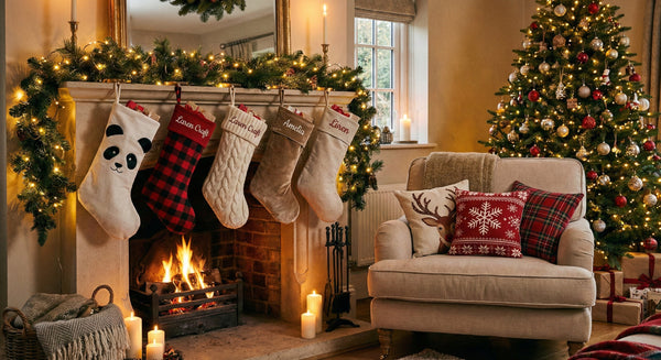 Festive Christmas shop with personalised stockings and reindeer cushion covers by a cozy fireplace, Laren Craft