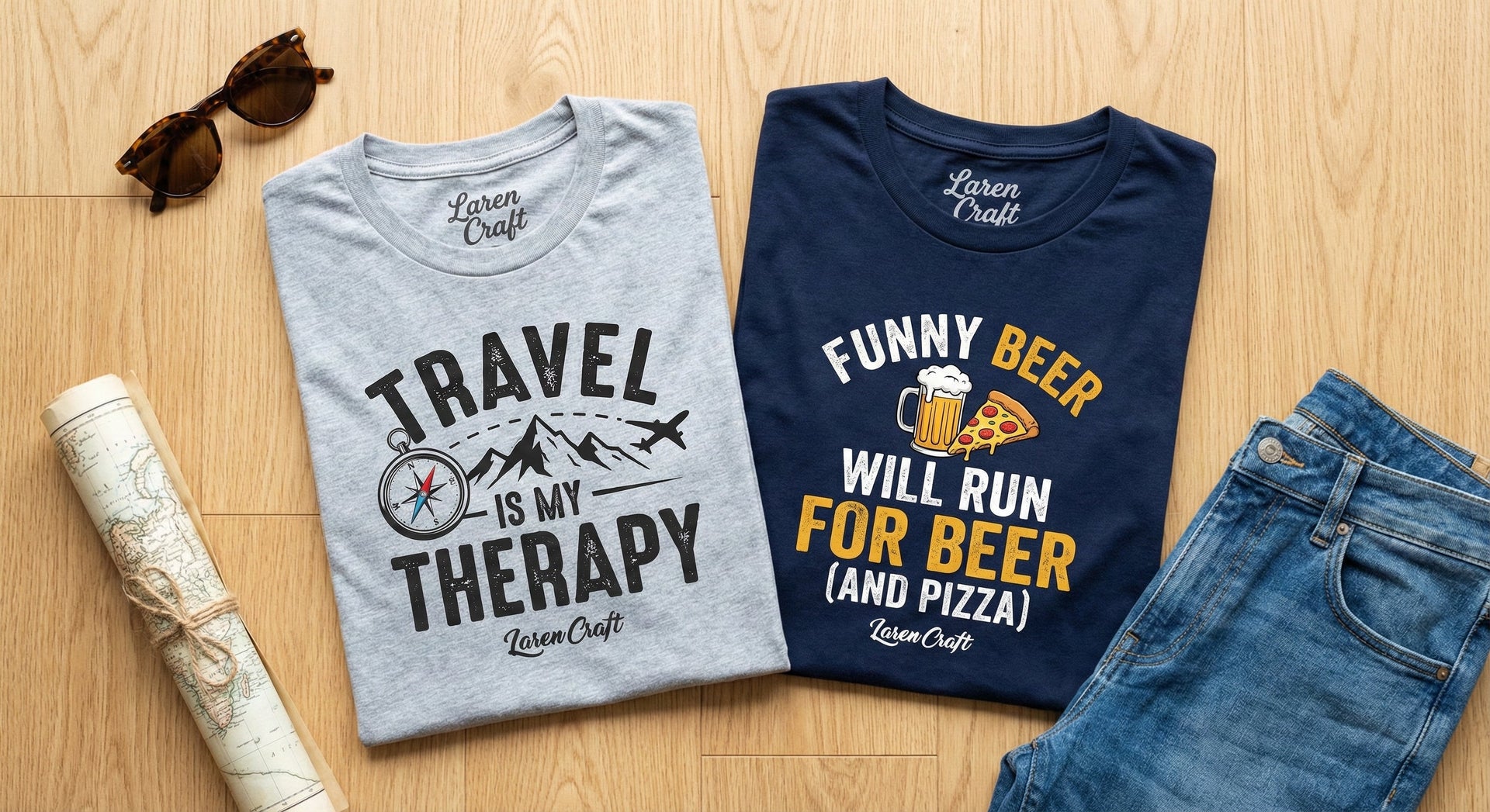 Flat lay of 100% cotton graphic t-shirts and travel-themed tees by Laren Craft for men and women