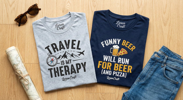 Flat lay of 100% cotton graphic t-shirts and travel-themed tees by Laren Craft for men and women