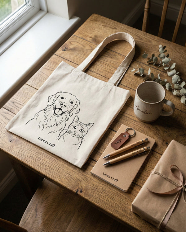 A curated collection of bespoke personalised gifts by Laren Craft including custom mugs and tote bags on a rustic table