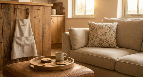 Customised home accessories including printed cushion covers and kitchen aprons in a modern British living room.