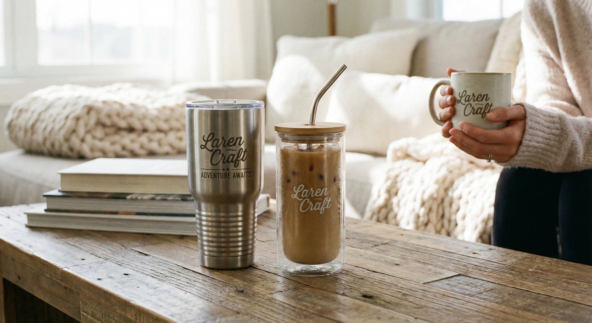 High-quality personalised drinkware featuring custom stainless steel flasks and glass coffee cups from Laren Craft