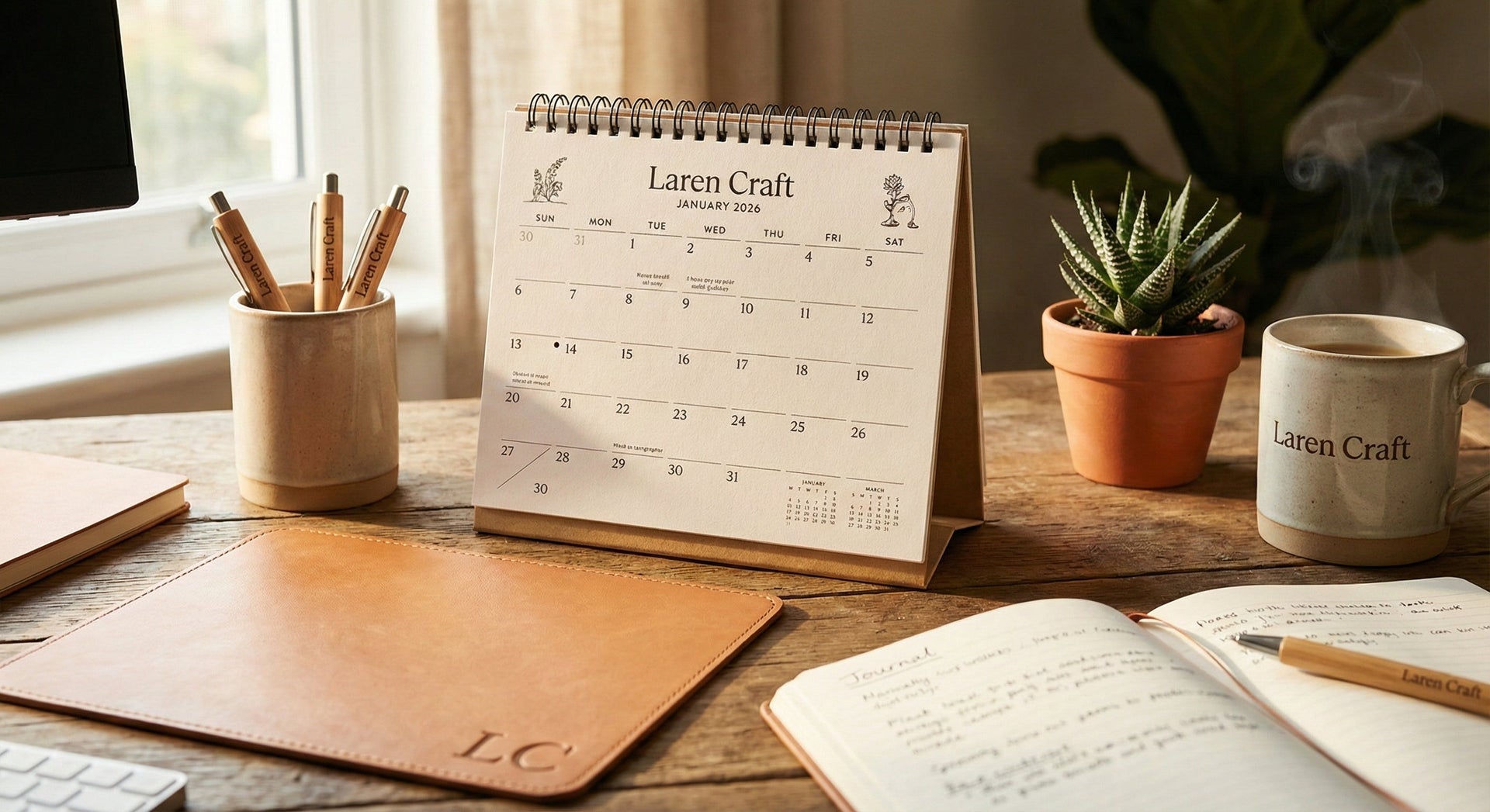 Bespoke 2026 desk calendar with personalised pens and office accessories in a bright home office setup, Laren Craft