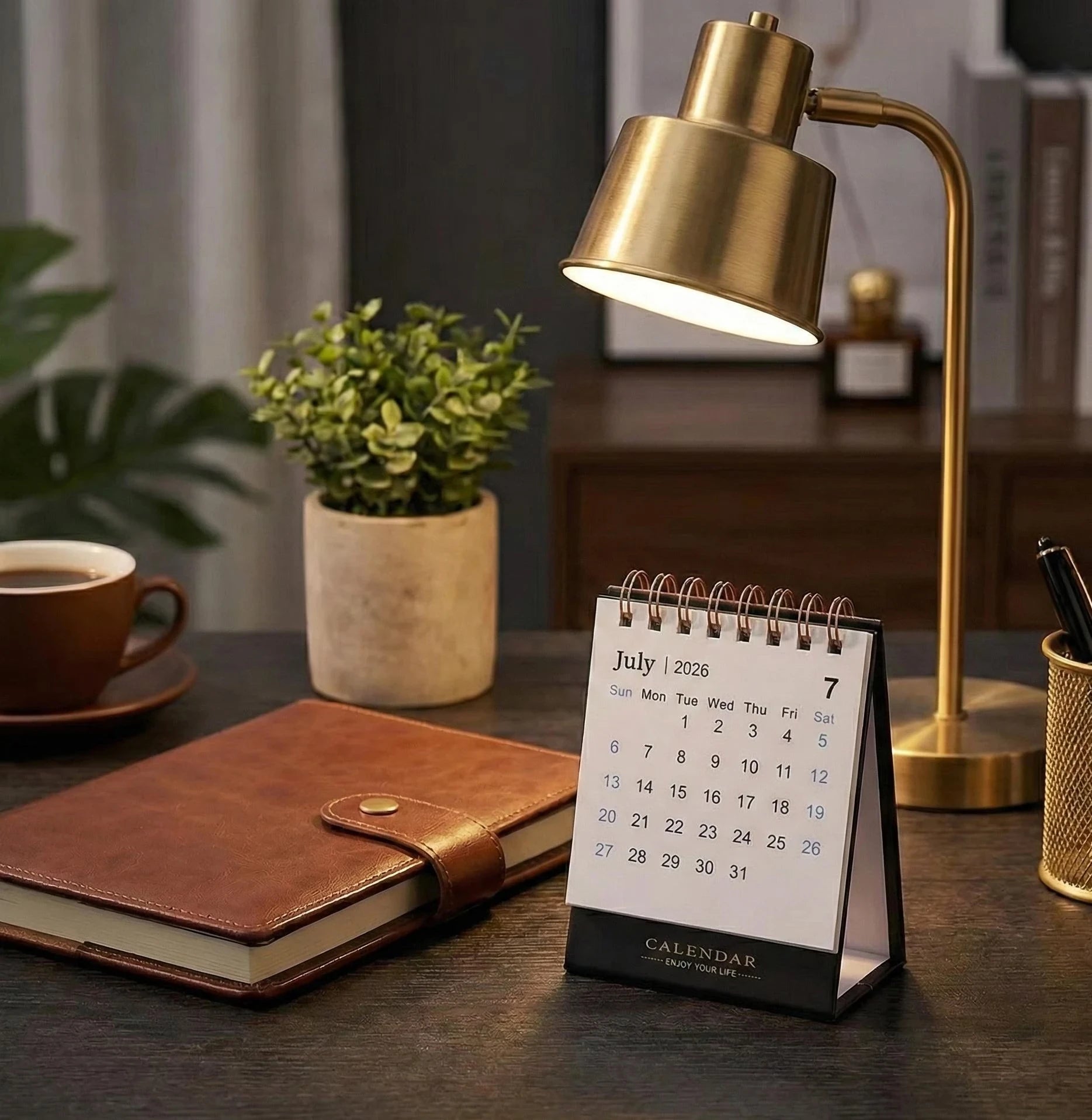 Close up detail of Gold Foil Lettering  Sage Green or Blush Pink on 2026 Mini Desk Calendar