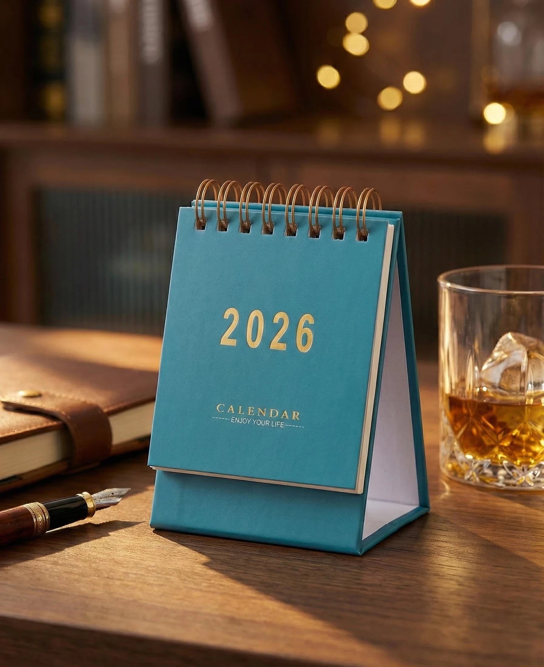 2026 Mini Desk Calendar with Gold Foil Lettering  Sage Green or Blush Pink in use