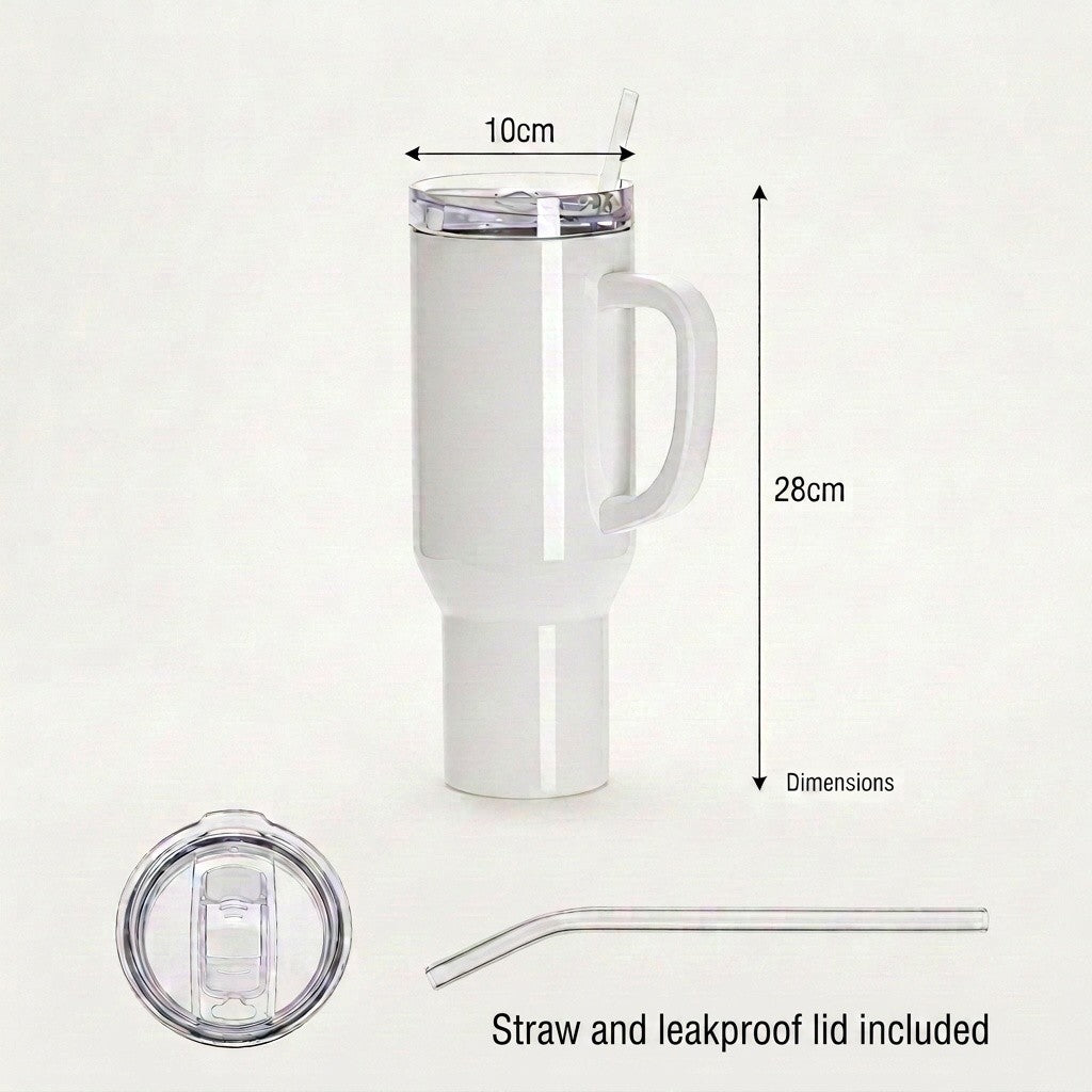 40oz tumbler size guide - 10 cm wide by 28 cm tall with waterproof slide lid and straw included