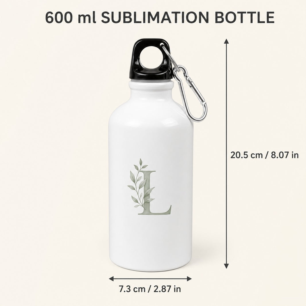 School water bottle size guide — 600 ml, 20.5 cm tall, 7.3 cm wide, carabiner clip