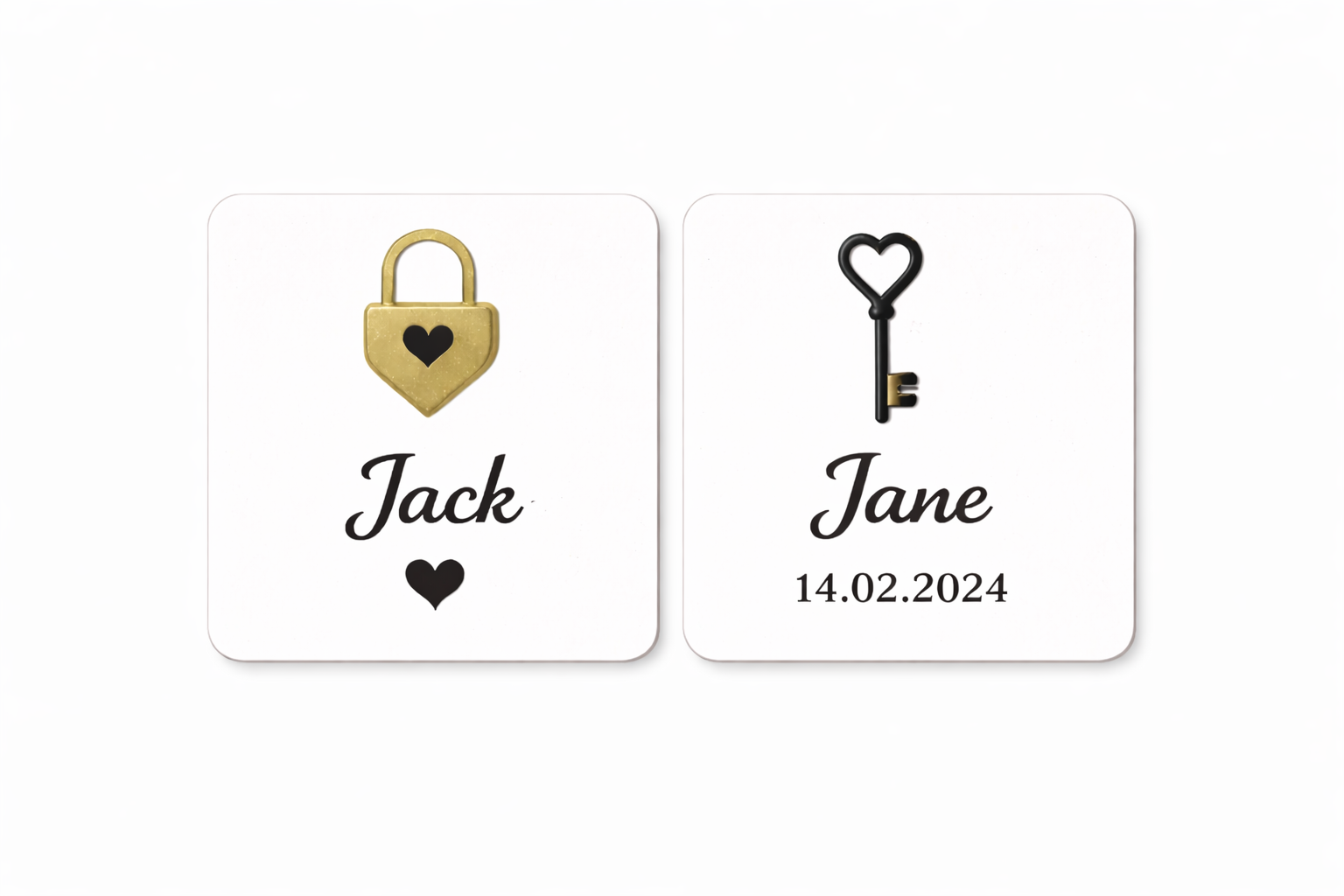 Bespoke Jack and Jane coasters with gold lock and black heart key symbols