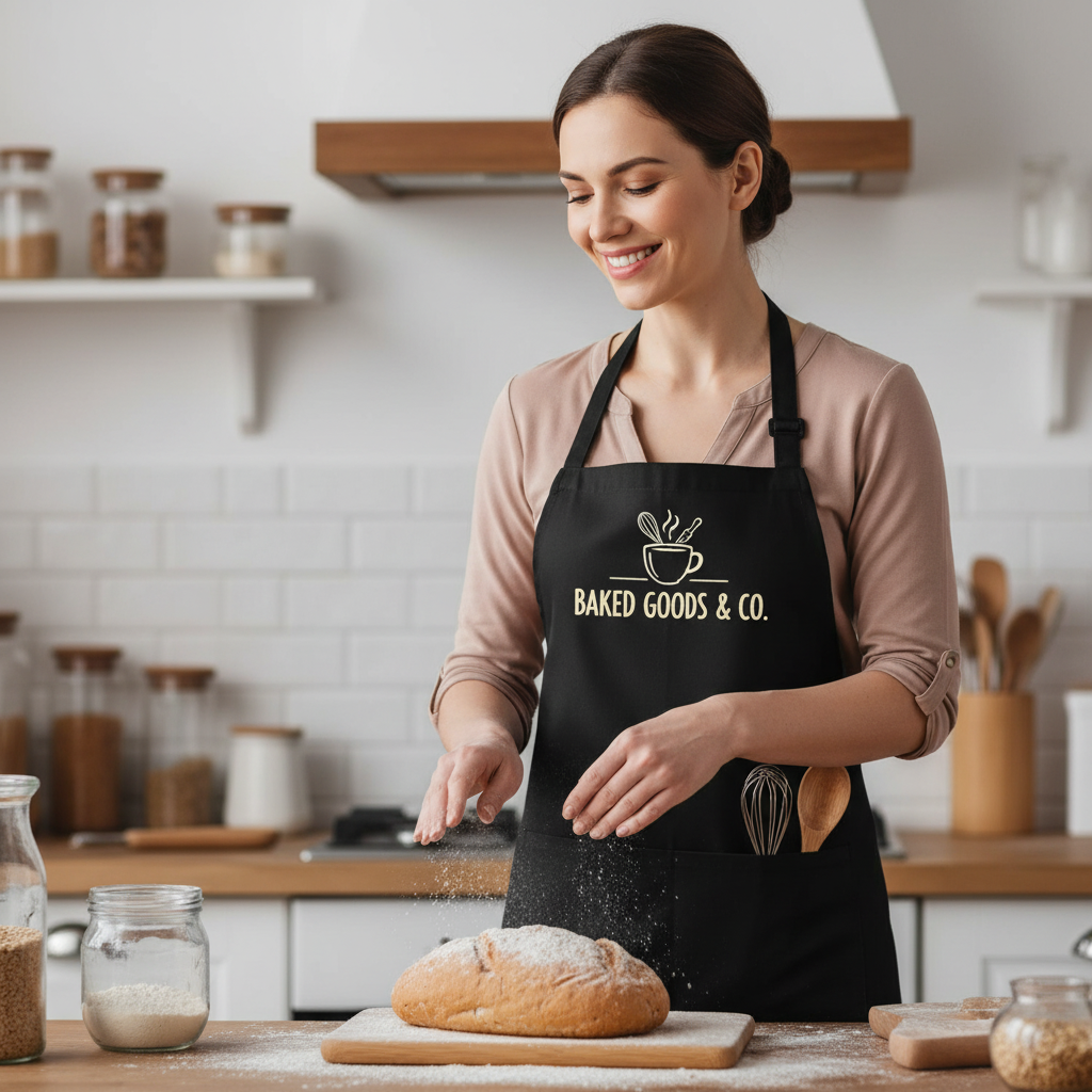 Woman in a kitchen wearing an apron with 'Baked Goods & Co.' text, preparing bread.