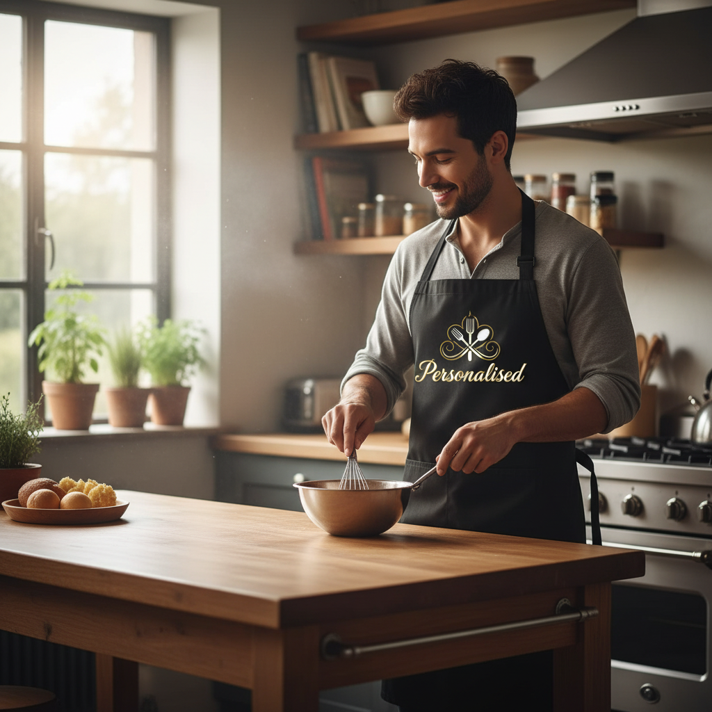 Man in a kitchen wearing a 'Personalised' apron, mixing ingredients.