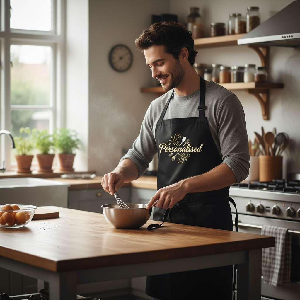 Man in a kitchen wearing a 'Personalised' apron, mixing ingredients.