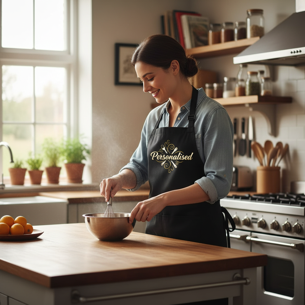 Woman in a kitchen wearing a 'Personalised' apron, mixing ingredients.
