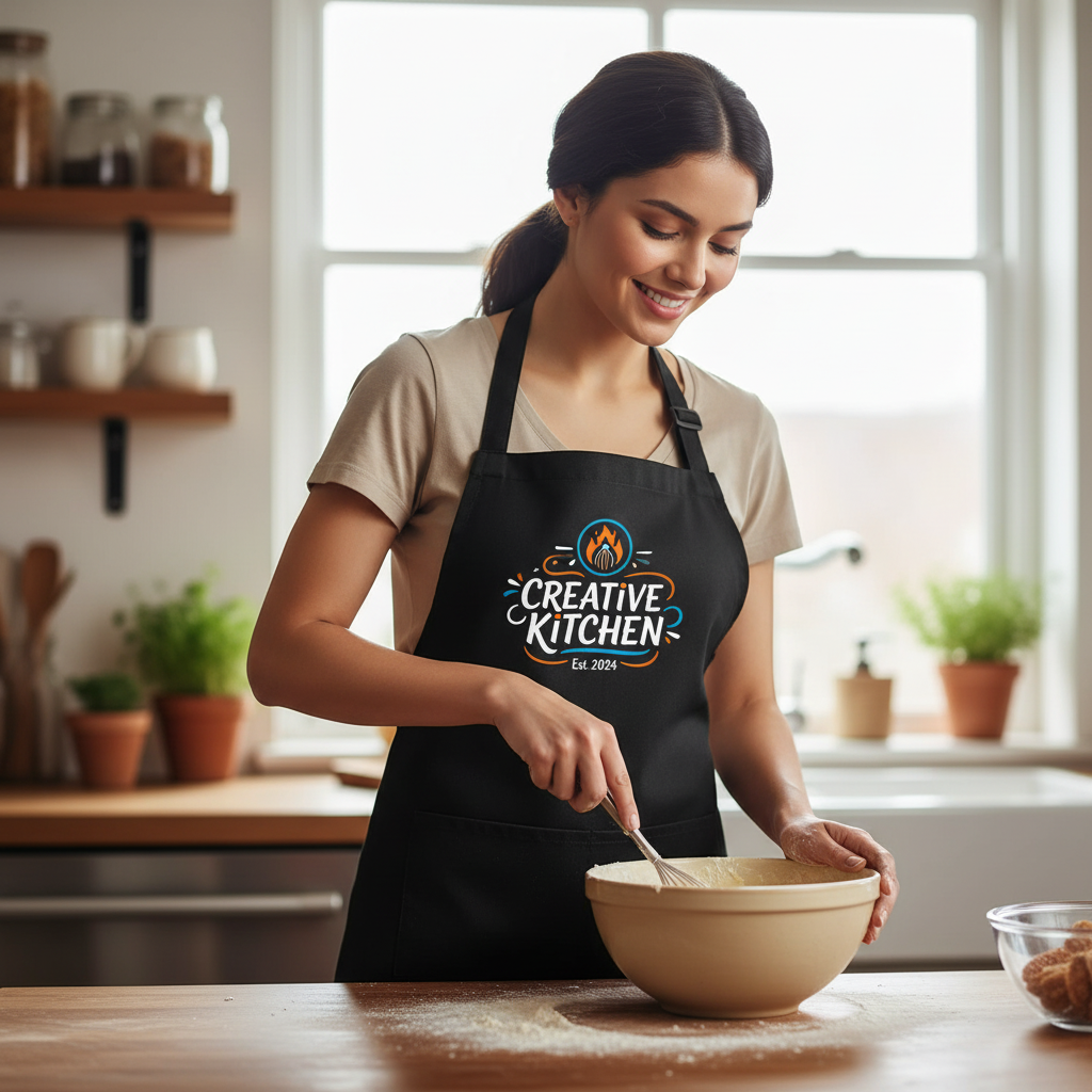 Woman in a kitchen wearing a 'Creative Kitchen' apron, mixing ingredients.