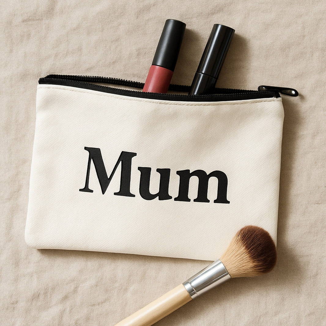 Makeup pouch personalised Mum shown open with lipstick and mascara inside